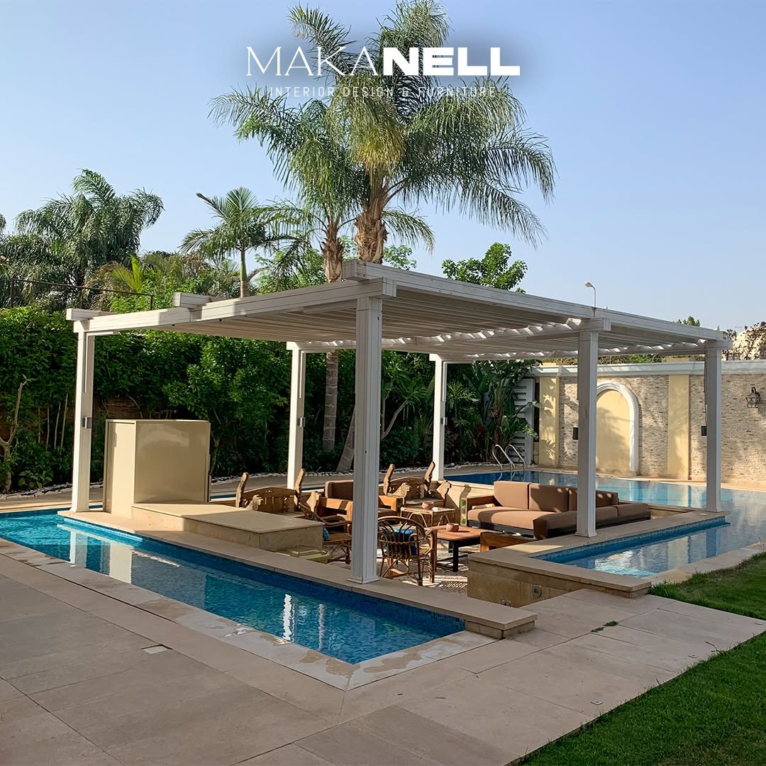 Poolside pergola with outdoor seating